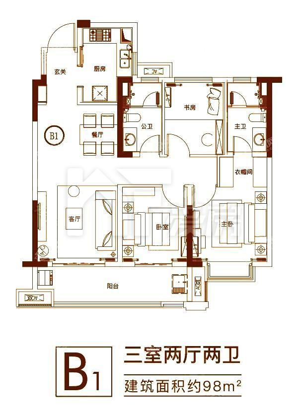 B1戶型-98㎡ 三室兩廳兩衛(wèi)