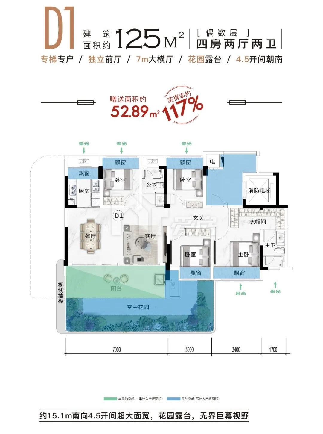 D1戶型125㎡偶數(shù)層 四房兩廳兩衛(wèi)
